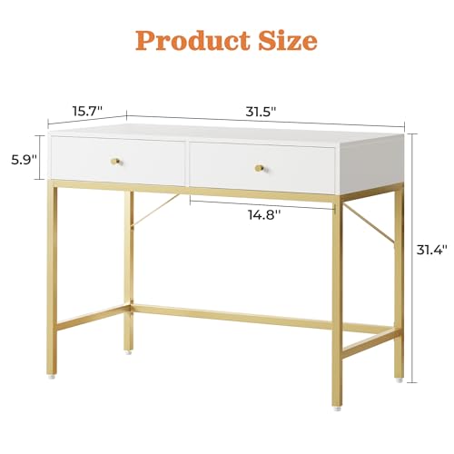 SUPERJARE 31.5" White and Gold Desk with 2 Drawers, Modern Vanity Desk - color: White and Gold, size: 31.5 inch