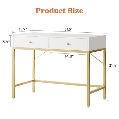 SUPERJARE 31.5" White and Gold Desk with 2 Drawers, Modern Vanity Desk - color: White and Gold, size: 31.5 inch