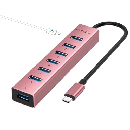 USB C Hub-8 Port USB HUB with 7 USB3.0 Data Ports,Aluminum Alloy USBC Splitter with Type C 5V/3A Power Port Compatible with MacBook,iPad,Surface Pro,Laptop,PC (Rose Gold,USB C-9.8in) - color: 9.84in Rose gold, size: USB C