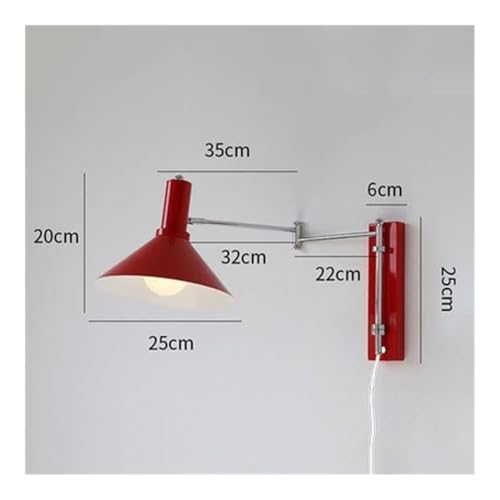 Red Industrial Plug in Wall Sconce - Swing Arm Wall Lamp with On/Off Switch, Adjustable Angle, E27 Socket, Metal Wall Light for Bedside Reading, Desk, Office, Hallway Lighting