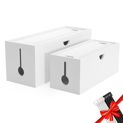 Bamboo Cable Management Box, Large Cord Organizer Box Cable Box to Hide Wires & Power Strips for Desktop Storage Cord Holder for Office Home,No Assembley Required (All White, 2 Packs(M+L)) - color: All White, size: 2 Packs (Medium + Large)