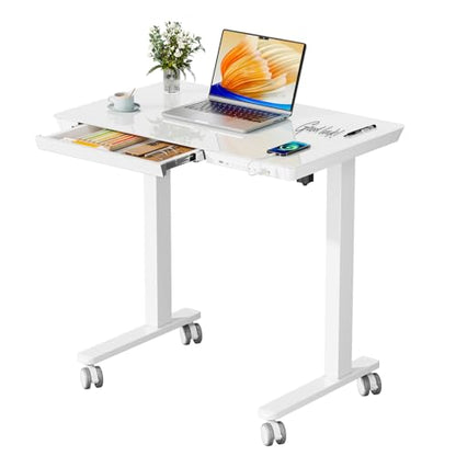 32" Glass Standing Desk with Drawer, Small Electric Desk - color: White Glass-top, size: 32"
