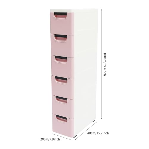 6 Drawers Narrow Storage Cabinet, Slim Rolling Cabinet with Wheels 77.16lbs Loading Capacity, Mobile Utility Cart with Drawers for Small Spaces Living Room Bedroom Office 15.7x7.9x39.4in (Light Pink) - color: Light Pink