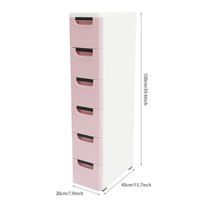 6 Drawers Narrow Storage Cabinet, Slim Rolling Cabinet with Wheels 77.16lbs Loading Capacity, Mobile Utility Cart with Drawers for Small Spaces Living Room Bedroom Office 15.7x7.9x39.4in (Light Pink) - color: Light Pink