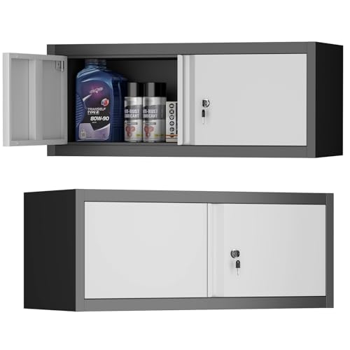 Metal Garage Storage Cabinet, Locking Cabinet Wall Mounted, 13" H Floating Cabinet for Warehouse, Upper Tool Cabinet for Home Office, Basement, Kitchen, RV Organization - color: 13"h - Grey/Black