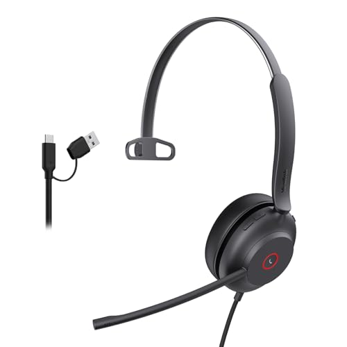 Yealink UH37 PC Headset with Mic for Computer Wired Headphones with USB-C/A | Professional Single Ear Office Headset with Noise Cancelling Microphone Mono USB Headphone for VoIP Skype UC Platform - color: UH37 USB-C/A, size: Mono-Ear (UC)