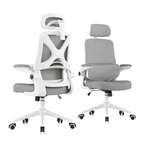 Ergonomic Office Chair - Desk Chair with Adjustable Headrest Lumbar Support Computer Chair - Mesh Comfy Chair with Flip-up Armrests - Gaming Chairs for Adults Home Office (White+Gray) - color: White+gray
