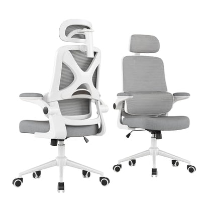 Ergonomic Office Chair - Desk Chair with Adjustable Headrest Lumbar Support Computer Chair - Mesh Comfy Chair with Flip-up Armrests - Gaming Chairs for Adults Home Office (White+Gray) - color: White+gray