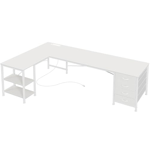 Huuger 63 Inch L Shaped Desk with Fabric Drawers, Reversible Computer Gaming Desk with Power Outlets and USB-C Port, Adjustable Side Storage Shelves, for Work Study Corner Home Office, White - color: White, size: 63 inch