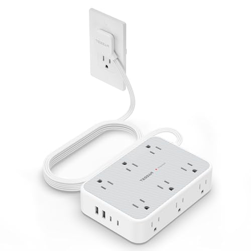 TESSAN Surge Protector Power Strip, 15FT Flat Extension Cord | 12 Outlet Extender with 4 USB (2 USB-C), Flat Plug Power Strip, 1800J Surge Protection, Office, Dorm Essentials, Gray - size: 15 FT