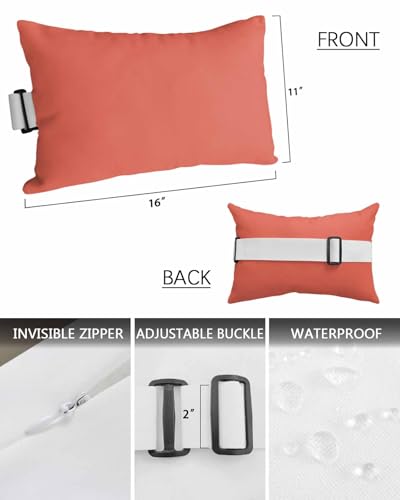 Outdoor Pillow for Lounge Chair with Strap & Insert Coral Red Recliner Head Pillow Gradient Gradual Color Waterproof Headrest Patio Lumbar Pillows for Beach Pool Office Chaise Chair 11x16 Inch - color: Red, size: 1 Pack - 11"x16"