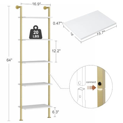 5-Tier Bookshelf,Solid Wood Narrow Bookcase Set of 2,Wall Mount Ladder Shelf,Wooden Storage Shelves for Bedroom,Home Office,Living Room,White and Gold - color: Solid Wood White+gold-2pcs