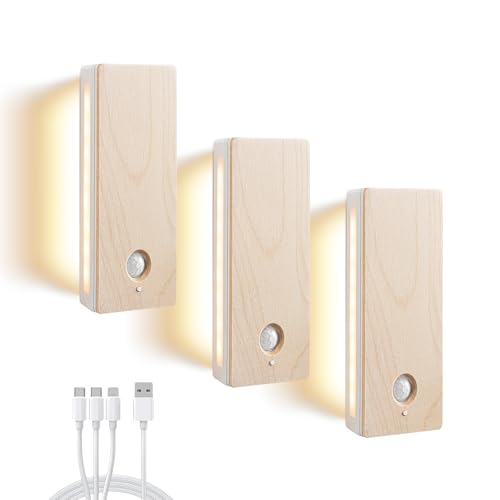 Battery-Operated Motion Sensor Night Light, Magnetic 3-Color Dimmable Motion Sensor Closet Night Light, for Bedroom, Hallway, Kitchen & Stairs - color: Maple, size: 3 Pack
