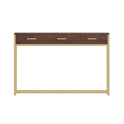 Martha Stewart Ollie Home Office Desk with 3 Drawers in Walnut Wood Grain with Polished Brass Hardware - color: Walnut Top/Polished Brass Frame