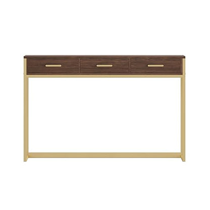 Martha Stewart Ollie Home Office Desk with 3 Drawers in Walnut Wood Grain with Polished Brass Hardware - color: Walnut Top/Polished Brass Frame