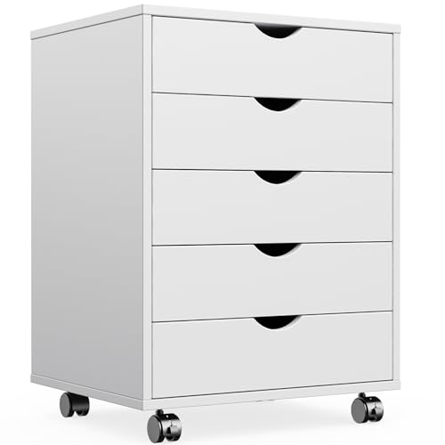 Sweetcrispy 5 Drawers Rolling Storage Cabinet, Mobile Wood Under Desk Drawer Organizer Chest with Wheels, Vertical Storage Unit for Home Office, Craft Room & Kitchen, White