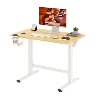 40''Pneumatic Standing Desk,Onepiece Adjustable Height Home Office | Maple 39.4" x 23.6" Home Desk Rolling Computer Workstation with Hooks & Cup Holder,Hidden Casters - color: Maple, size: 4024