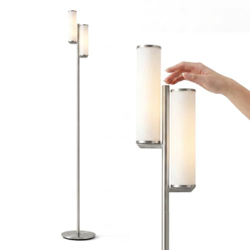 Brightech Gemini Floor Lamp, Dimmable Standing Lamp with Two Lights for Bedroom Reading, Modern Tall Tree Lamp for Offices, Mid-Century LED Lamp for Living Room, Living Room Decor - Satin Nickel - color: Nickel