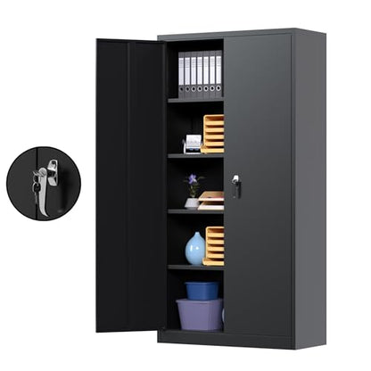 Black Metal Storage Cabinet with Door, Locking Steel Cabinet with 4 Adjuestable Shelves, Tall Lockable Garage Tool Storage Cabinet for Home, Office, Pantry, Assembly Required - size: 35.43" W x 17.71" D x 70.87" H