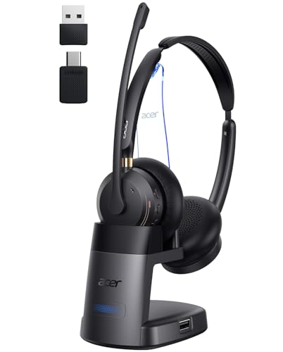 acer Wireless Headset with Mic for Work,Bluetooth Headset for Clear Call ＆ Meeting, Work Headset with Charge Stand for Remote & Office, Bluetooth 5.3 & 2.4G Headset for PC, Phone, Teams, Zoom - OHR689 | Work Headset with Charge Stand for Remote & Office,