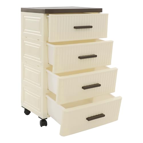 4 Tier Storage Cabinet With Wheels, PP Drawer Organizer Unit, Rolling Slim Storage Cart, Modern Nightstand, 2 Brakes, 22.4in, for Bedroom, Kitchen, Bathroom, Living Room (Creamy Yellow, Brown)