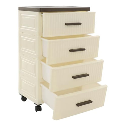 4 Tier Storage Cabinet With Wheels, PP Drawer Organizer Unit, Rolling Slim Storage Cart, Modern Nightstand, 2 Brakes, 22.4in, for Bedroom, Kitchen, Bathroom, Living Room (Creamy Yellow, Brown)