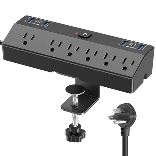 Desk Clamp Power Strip with 40W Fast Charging Station, JXGUCAT 10ft Flat Plug Power Strip Surge Protector, 2 USB-C Ports, 6 AC Outlets, Fit 2.48" Tabletop Edge, Home Office Desk Accessories Essentials - color: Black 2.5", size: 10FT