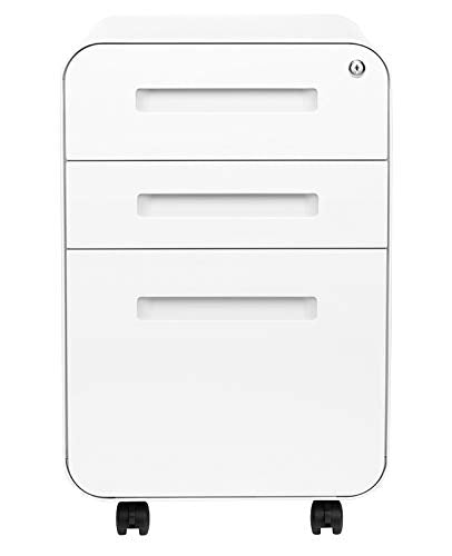 Laura Davidson Furniture Stockpile 3 Drawer File Cabinet with Lock - Under Office Desk Metal Filing Cabinet, Legal/Letter File Folders, Wheels and Stationary Feet, Pre-Assembled, White - color: White