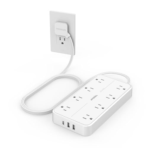 TESSAN Power Strip Surge Protector, 6FT Flat Plug Extension Cord | 8 Outlets 3 USB Charger(1 USB C), 1080 Joules Protection, Wall Mountable Charging Station for Home Office Dorm, White - color: White, size: 6FT-1080J surge protection