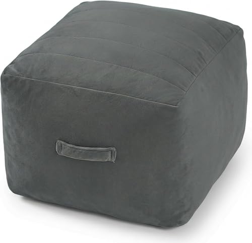 MeMoreCool Square Stuffed Pouf Ottoman Foot Rest, Floor Pouf Foot Stool with Foam Chunk Filling, Soft Stuffed Ottoman Footrest for Living Room, Dark Grey - color: Striped Dark Grey