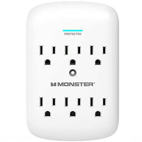 Monster 5000W Surge Protector Power Strip, 6 Outlet Wall Outlet Extender, 120V, 300 Joules Surge Protection, ETL Certified, LED Ground Indicator, Compact Wall Tap, White
