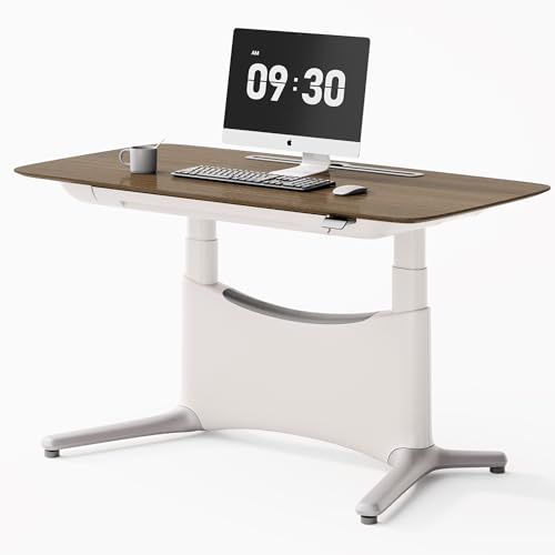 COLAMY Electric Standing Desk 55x28 Inch, Wobble-Free Dual Motor Sit Stand Up Home Office Computer Desk, Motorized Workstation Gamer Studio Table with Drawers, Outlets & Footrest,Walnut,White - color: Walnut + White