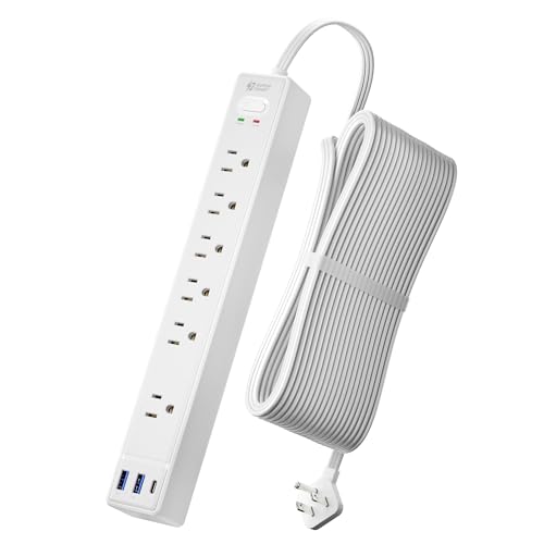 20Ft Long Extension Cord, SUPERDANNY Flat Plug Surge Protector Power Strip | 6 Outlets & 3 USB, Flat Plug Power Strip Wall Mountable, Desk Charging Station for Home, Office, College Dorm Room Essentials - color: White, size: 20FT