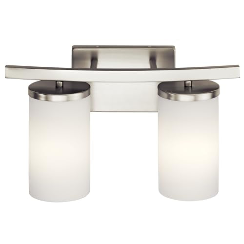 Kichler Crosby 2-Light Bathroom Vanity Light, Brushed Nickel | Satin etched cased opal glass vanity light for modern bathrooms (15" x 8.75" x 15"), 45496NI - color: Brushed Nickel, size: 2 Light, style: Satin Etched Cased Opal Glass