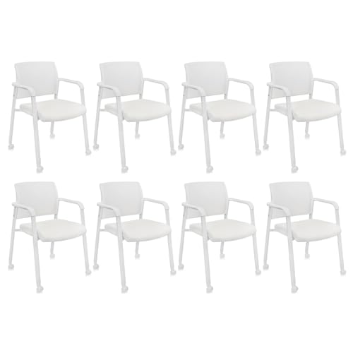 CLATINA Mesh Back Guest Reception Stacking Chair with Wheels, Waiting Room Stackable Chairs with Upholstered Leather Seat & Ergonomic Lumbar Support for Office Conference School Lobby, White, 8 Pack - color: White_leather_wheels, size: 8pack