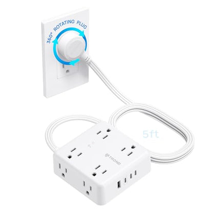 TROND 360° Rotating Flat Plug Power Strip 5ft, 8 AC & 4 USB (3C1U), White - color: White, size: 5FT, style: Rotating Plug-3C1U