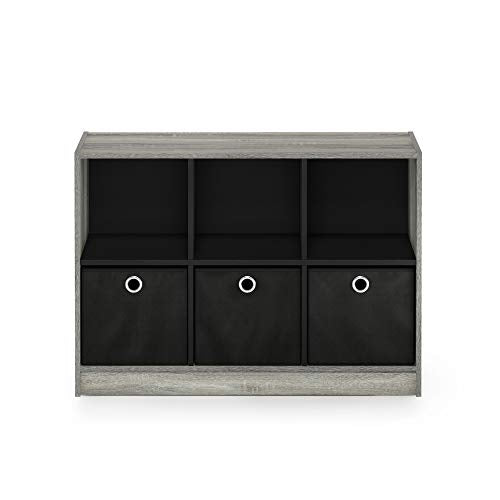 Furinno Basic 6-Cube Book Shelf with Open Shelf, 3 x 2, French Oak - color: French Oak Grey/Black, size: 6-Cube with Bin