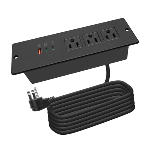 Recessed Power Strip USB C 65W,Flush Mount Desk Power Outlet 3 Outlets 3 USB (PD 65W& QC60W,) 6.56ft Heavy Duty Power Cord with Flat Plug Fast Charge Built in Desktop Power Station for Furniture - color: Black, size: 65W