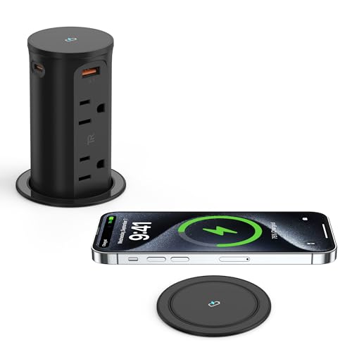 Pop Up Outlet for Countertop with 15W Wireless Charging Pad,20W USB C,Recessed Power Strip 2.5-Inch Hole,Tamper Resistant Receptacle,4 USB,4 Outlets for Kitchen,Office Desk,ETL Listed (Black) - color: Black
