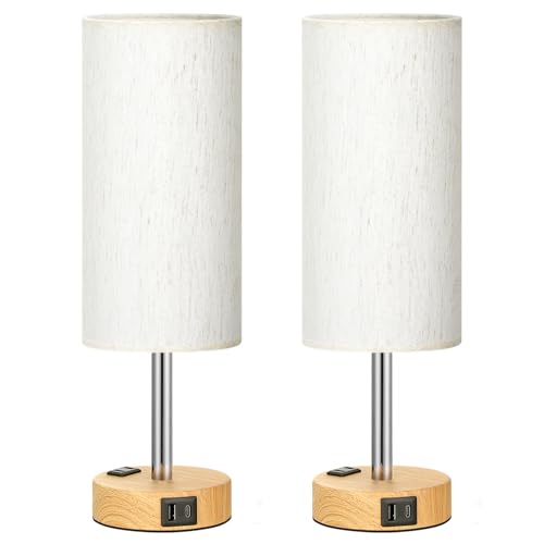 Fenmzee Small Touch Table Lamps Set of 2-3-Way Dimmable, USB A + C Charging, AC Outlet, Wood Grain Base, Bulbs Included - color: Cream - Wood Grain 2, size: 14" Touch Control