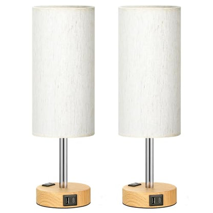 Fenmzee Small Touch Table Lamps Set of 2-3-Way Dimmable, USB A + C Charging, AC Outlet, Wood Grain Base, Bulbs Included - color: Cream - Wood Grain 2, size: 14" Touch Control