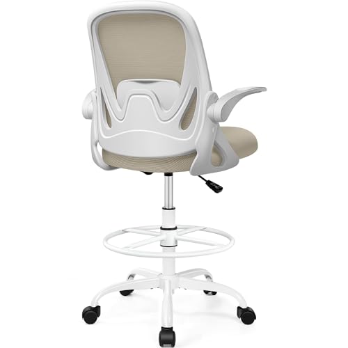 Drafting Chair Tall Office Chair with Flip-up Armrests, Adjustable Height, and Enhanced Lumbar Support - Ergonomic Rolling Stool, Back Support, and Adjustable Foot Rest Ring for Standing Desk Khaki - color: Khaki, size: 934W-Z