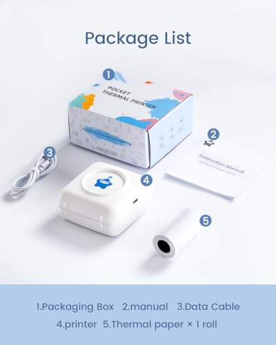 vretti Sticker Printer - TP2-Y Mini Portable Thermal Printer Inkless Sticker Maker Machine Bluetooth Label Maker Pocket Instant Print for Study Graphics, Anatomical Diagrams, Photos, Students - color: White-Blue