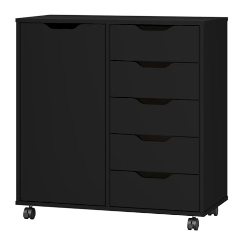 Panana 5-Drawer Chest with 1 Door, Wooden Chest of Drawers Storage Dresser Cabinet with Wheels, Office Organization and Storage, Bedroom Furniture (Black-S) - color: Black-s