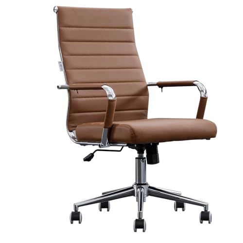 Home Office Chair Ribbed, Modern Leather Conference Waiting Room Chairs,Ergonomic Office Desk Chair, High Back Executive Computer Chair, Adjustable Swivel Chair with Arms,Brown - color: Classic Brown