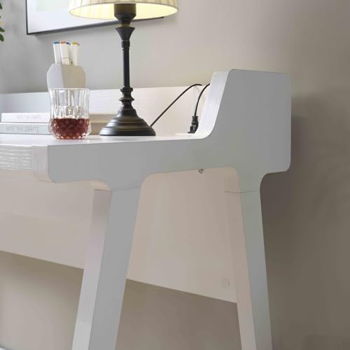 Penau Modern White Writing Desk with Grounded Outlet and 2 USB-A Ports, Finished Back, Modesty Panel and Wooden Leg Frame, 50 x 23.25 x 34.75 Inchs