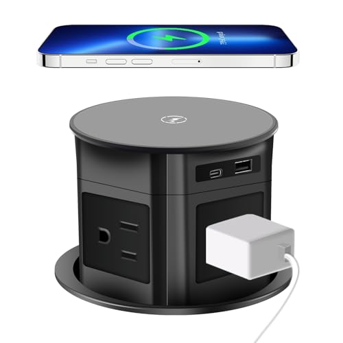 7-in-1 Pop Up Outlet with 15W Wireless Charger,3.86 inch Hole; 4 Outlets 1875W Overload Protection, USB-A,USB C Ports PD 20W,6.5FT 16AWG Cable UL Testing for Office Home -Black - color: Super charging-black