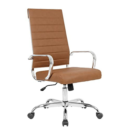 LANDSUN Home Office Chair High Back Executive Chair Ribbed Leather Computer Desk Chair with Armrests Soft Padded Adjustable Height Swivel Modern Conference Chrome Brown