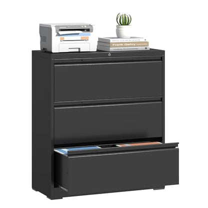 Lateral File Cabinet 3 Drawer, Metal File Cabinet with Lock - color: Black, size: 3 Drawer - Lateral