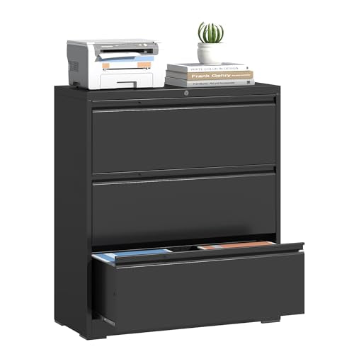 Lateral File Cabinet 3 Drawer, Metal File Cabinet with Lock - color: Black, size: 3 Drawer - Lateral